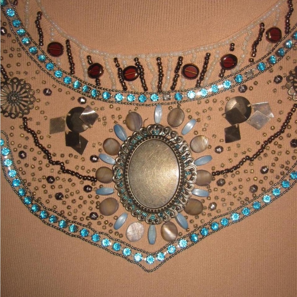 vintage tan pale orange tinted long sleeve top with beaded and sequin details